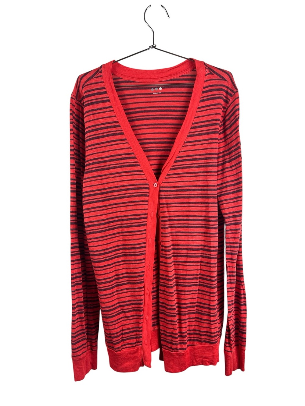 Three Dots Supima Cotton Striped Red and Navy Button Cardigan